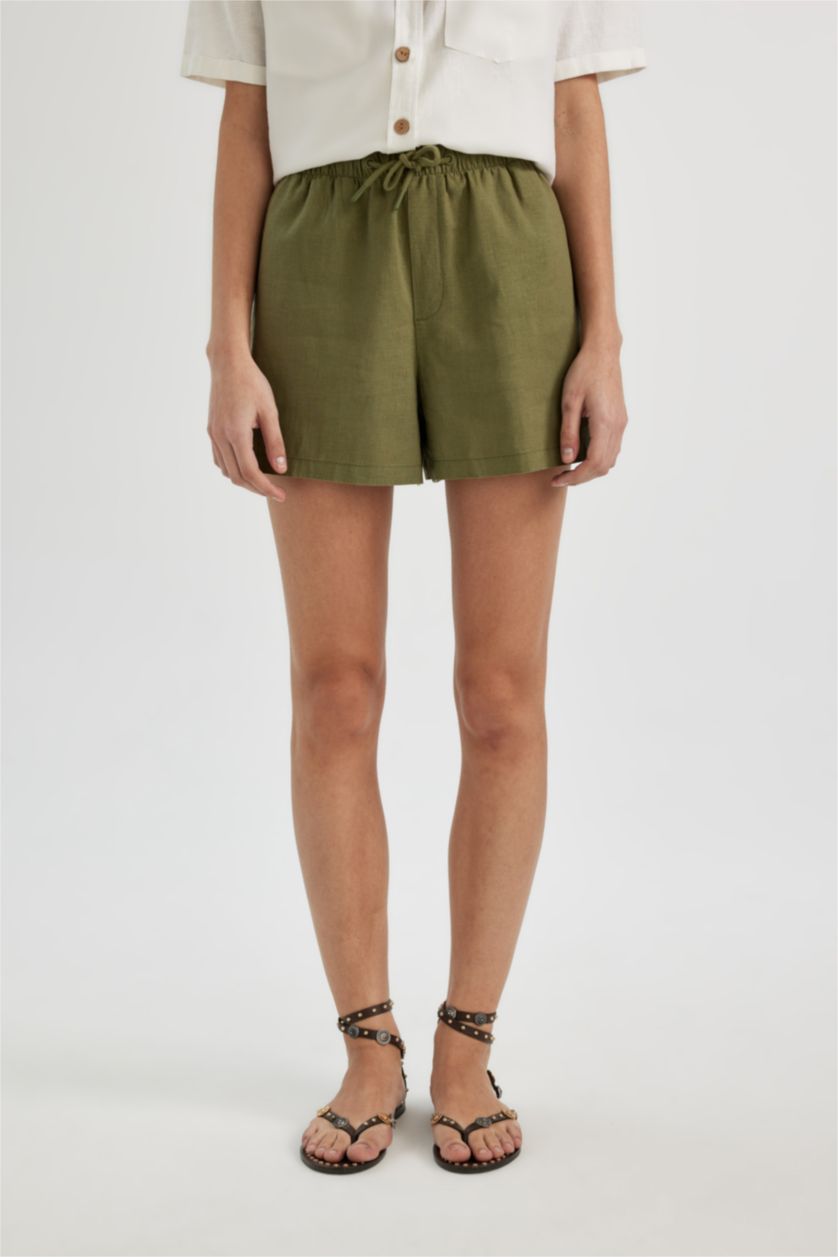 نساء كاكي شورت قصة مريحة بجيب بخصر عالي ممزوج بالكتان