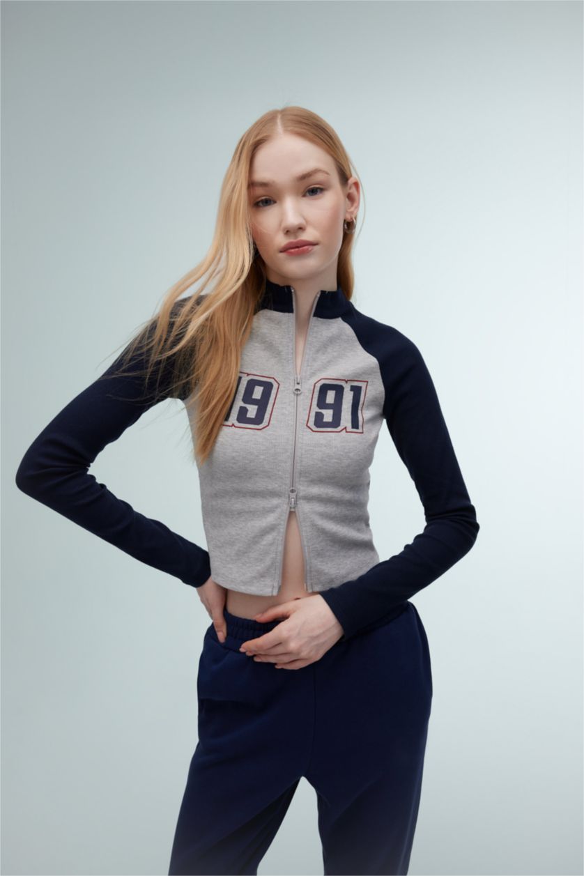 FEMME Marin Sweat Slim Zippé imprimé à Col Rond et Manches Longues