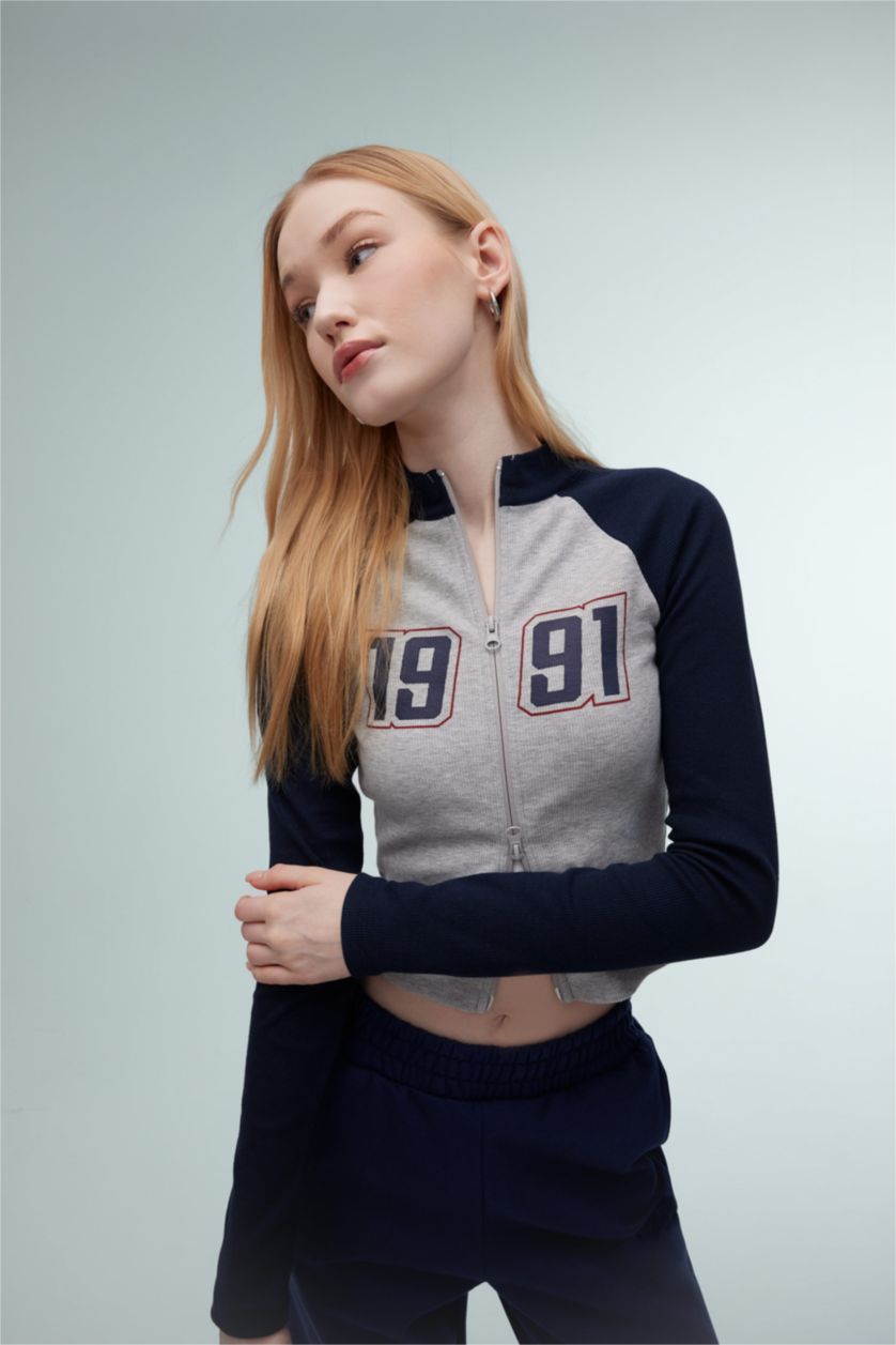 FEMME Marin Sweat Slim Zippé imprimé à Col Rond et Manches Longues