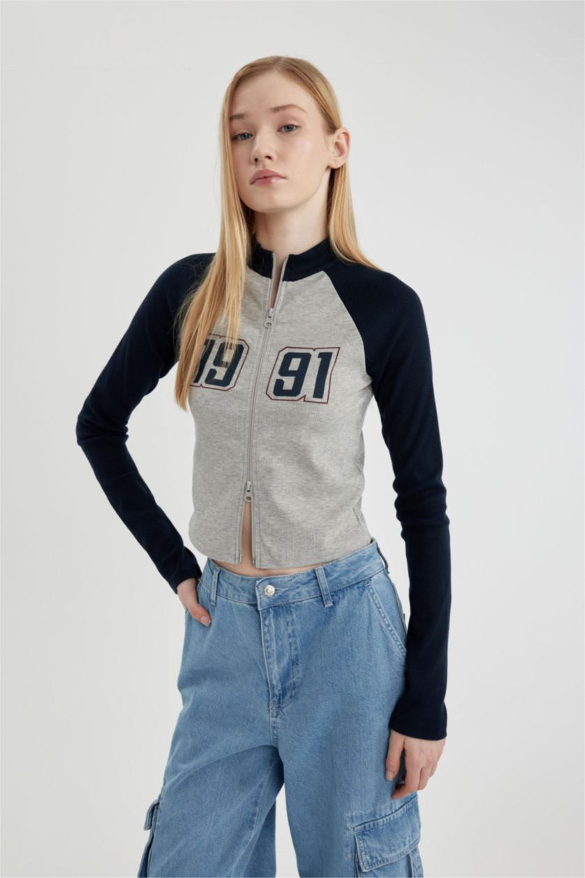 FEMME Marin Sweat Slim Zippé imprimé à Col Rond et Manches Longues