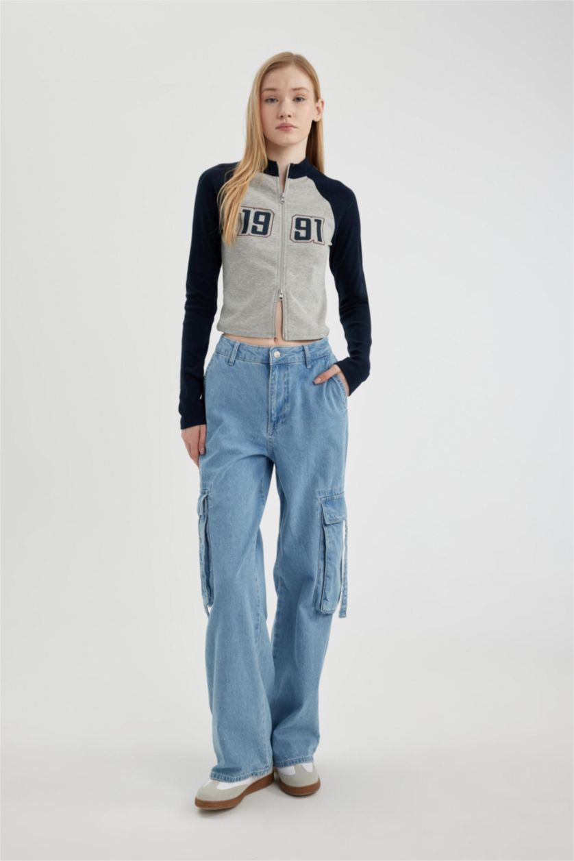 FEMME Marin Sweat Slim Zippé imprimé à Col Rond et Manches Longues