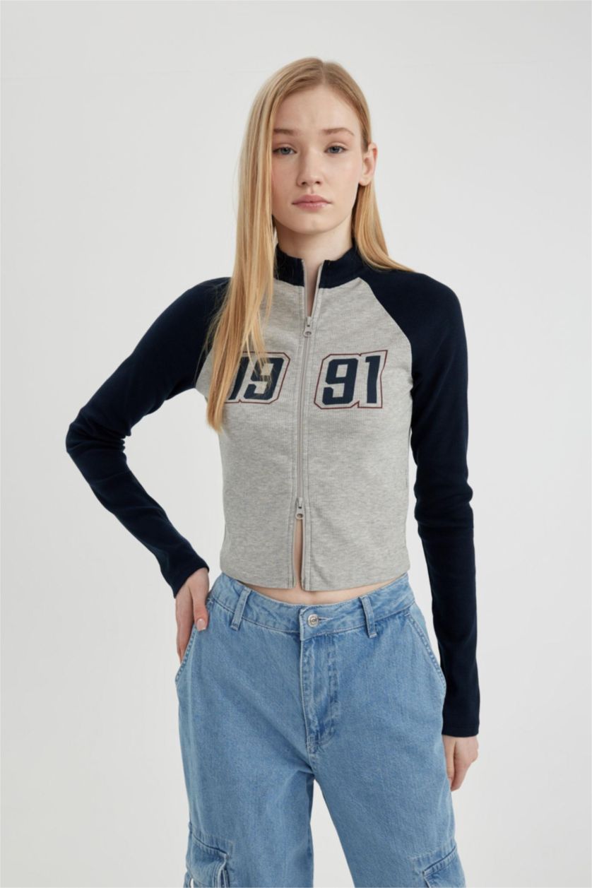 FEMME Marin Sweat Slim Zippé imprimé à Col Rond et Manches Longues