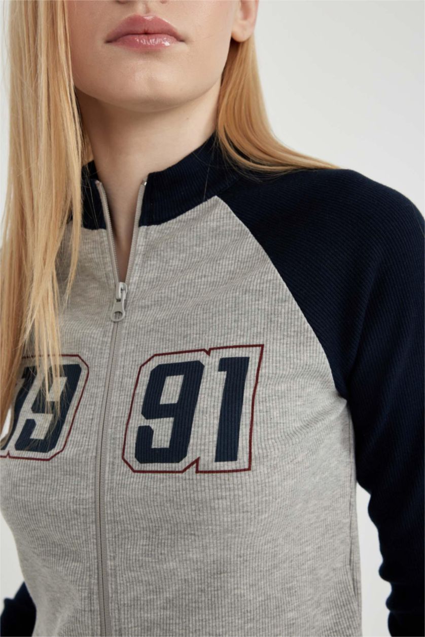 FEMME Marin Sweat Slim Zippé imprimé à Col Rond et Manches Longues