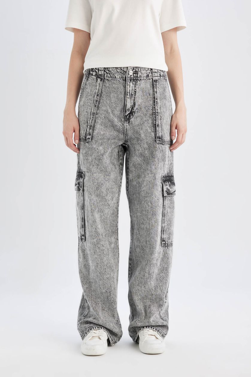 WOMAN Grey Wide Leg High Waist Soft Washed Cargo Pants
