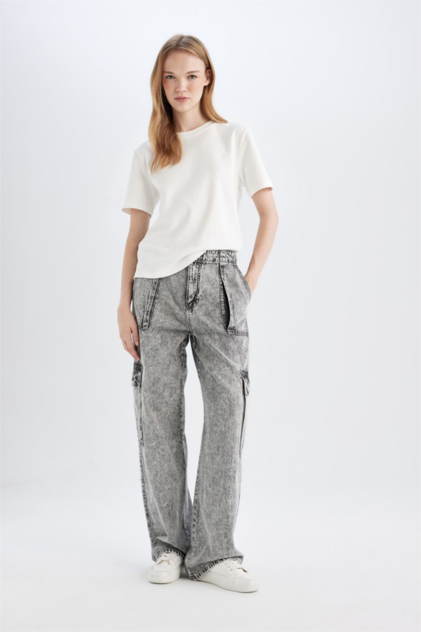 WOMAN Grey Wide Leg High Waist Soft Washed Cargo Pants