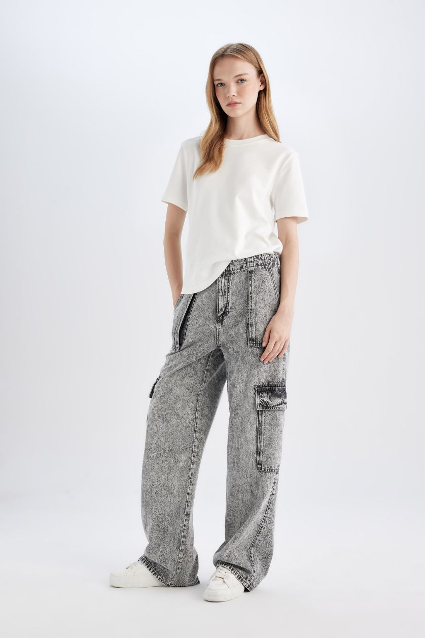 WOMAN Grey Wide Leg High Waist Soft Washed Cargo Pants