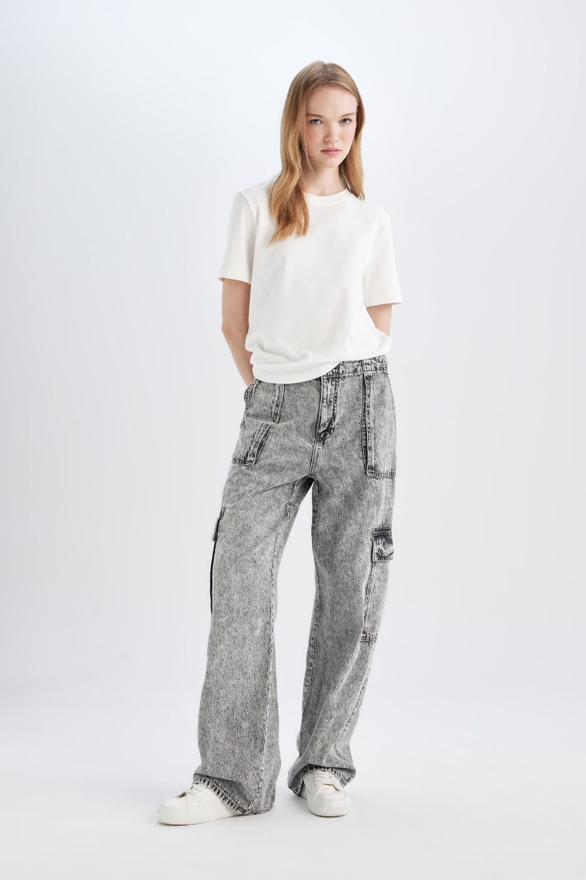 WOMAN Grey Wide Leg High Waist Soft Washed Cargo Pants