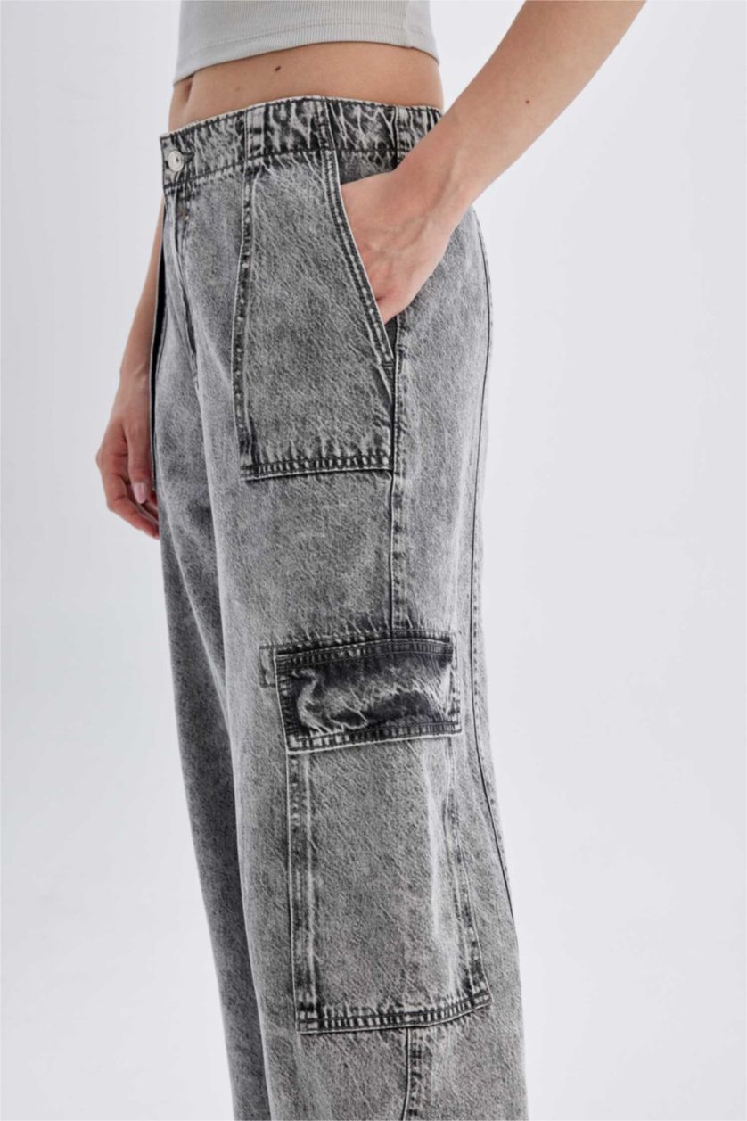 WOMAN Grey Wide Leg High Waist Soft Washed Cargo Pants