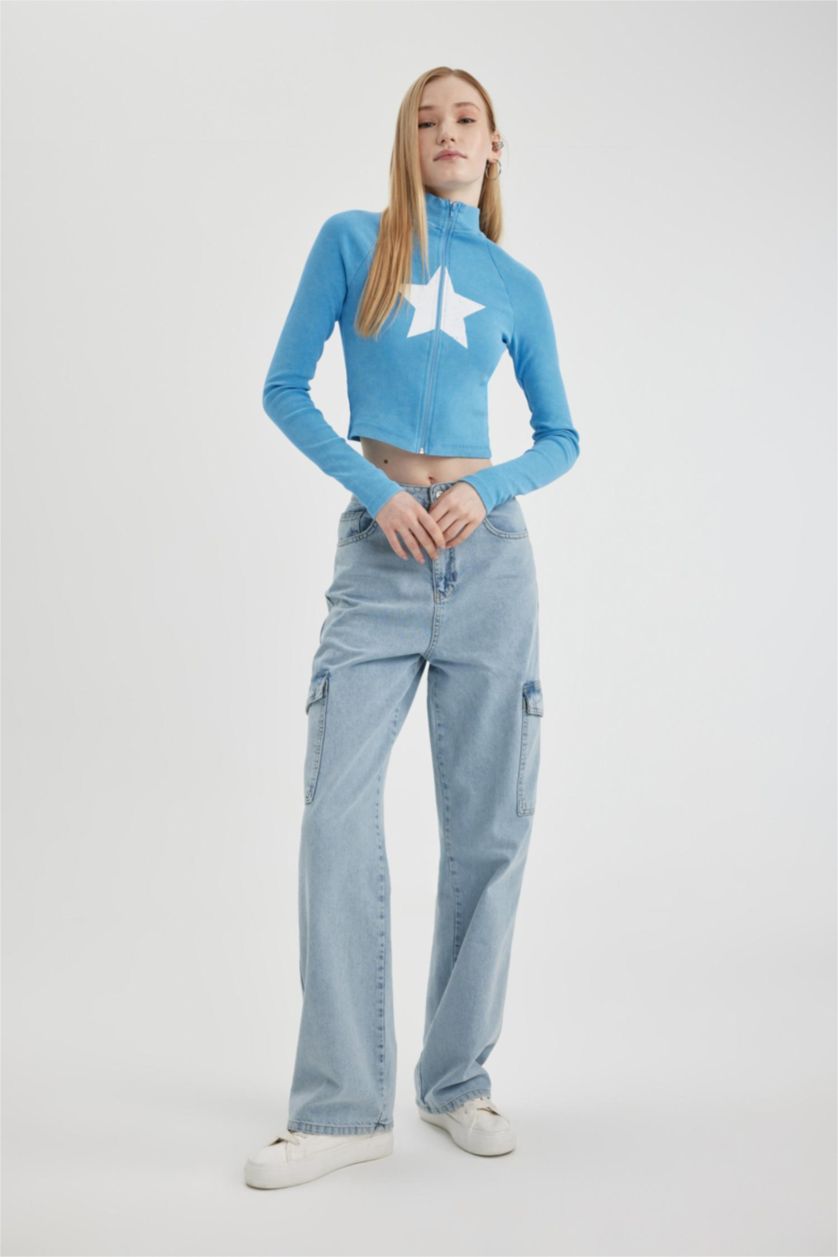 نساء أزرق جاكيت مضلع بياخة مستديرة وطبعة نجمة