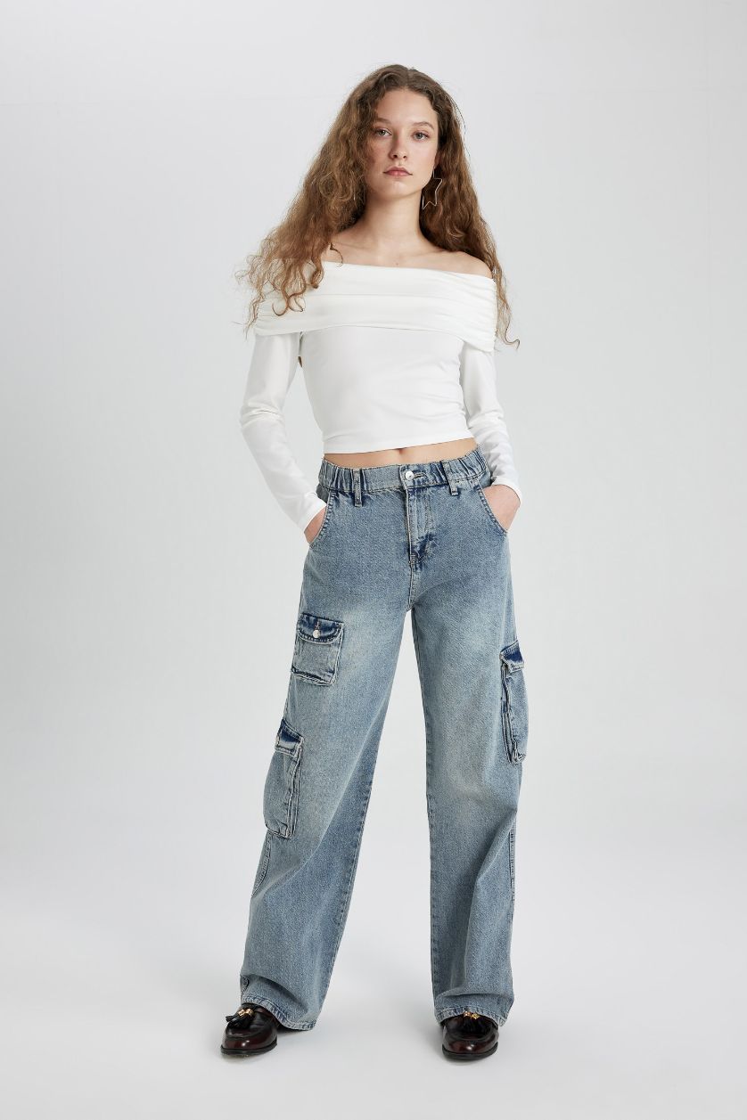 نساء أزرق فاتح سروال جينز واسع برجل واسع وخصر عالي