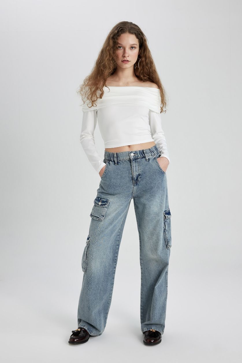 نساء أزرق فاتح سروال جينز واسع برجل واسع وخصر عالي