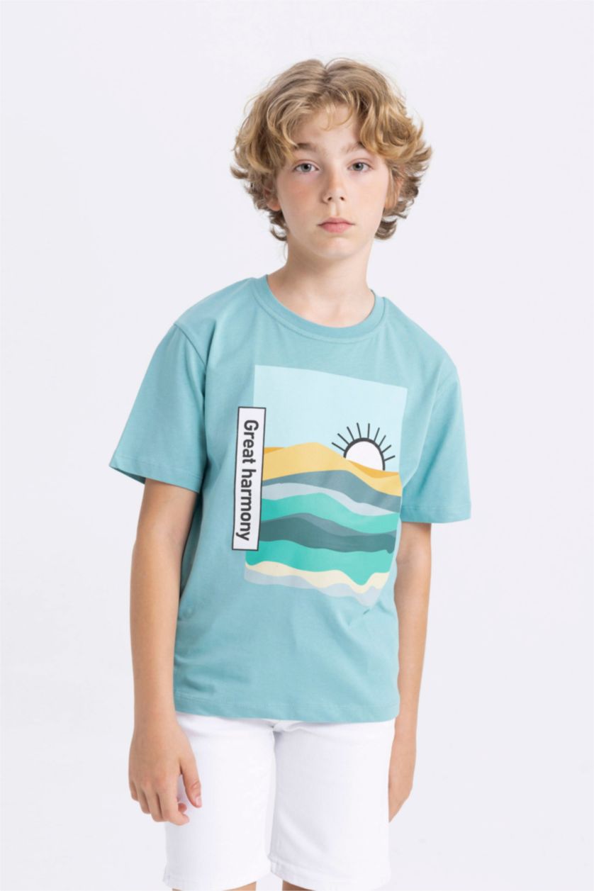 Boys & Teens Light Green Boy Crew Neck Printed Short Sleeve T-Shirt