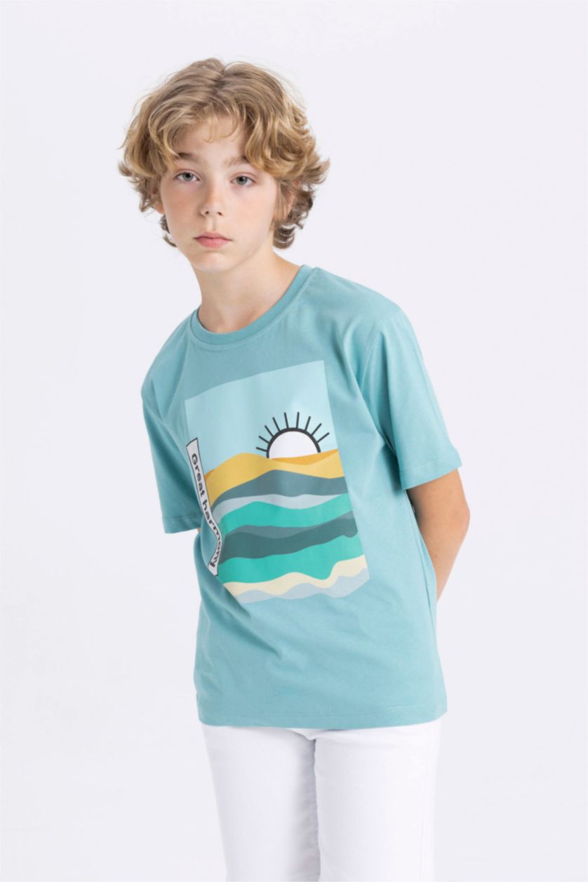 Boys & Teens Light Green Boy Crew Neck Printed Short Sleeve T-Shirt