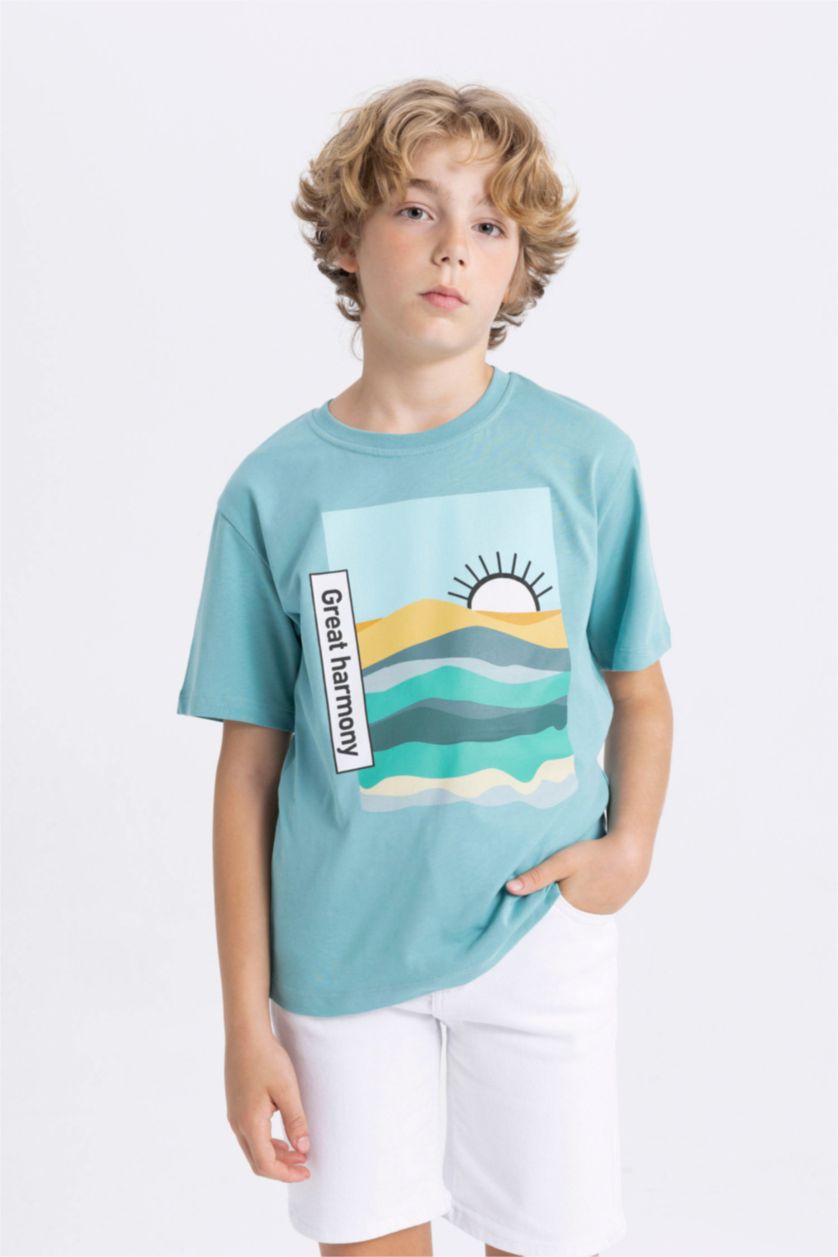 Boys & Teens Light Green Boy Crew Neck Printed Short Sleeve T-Shirt