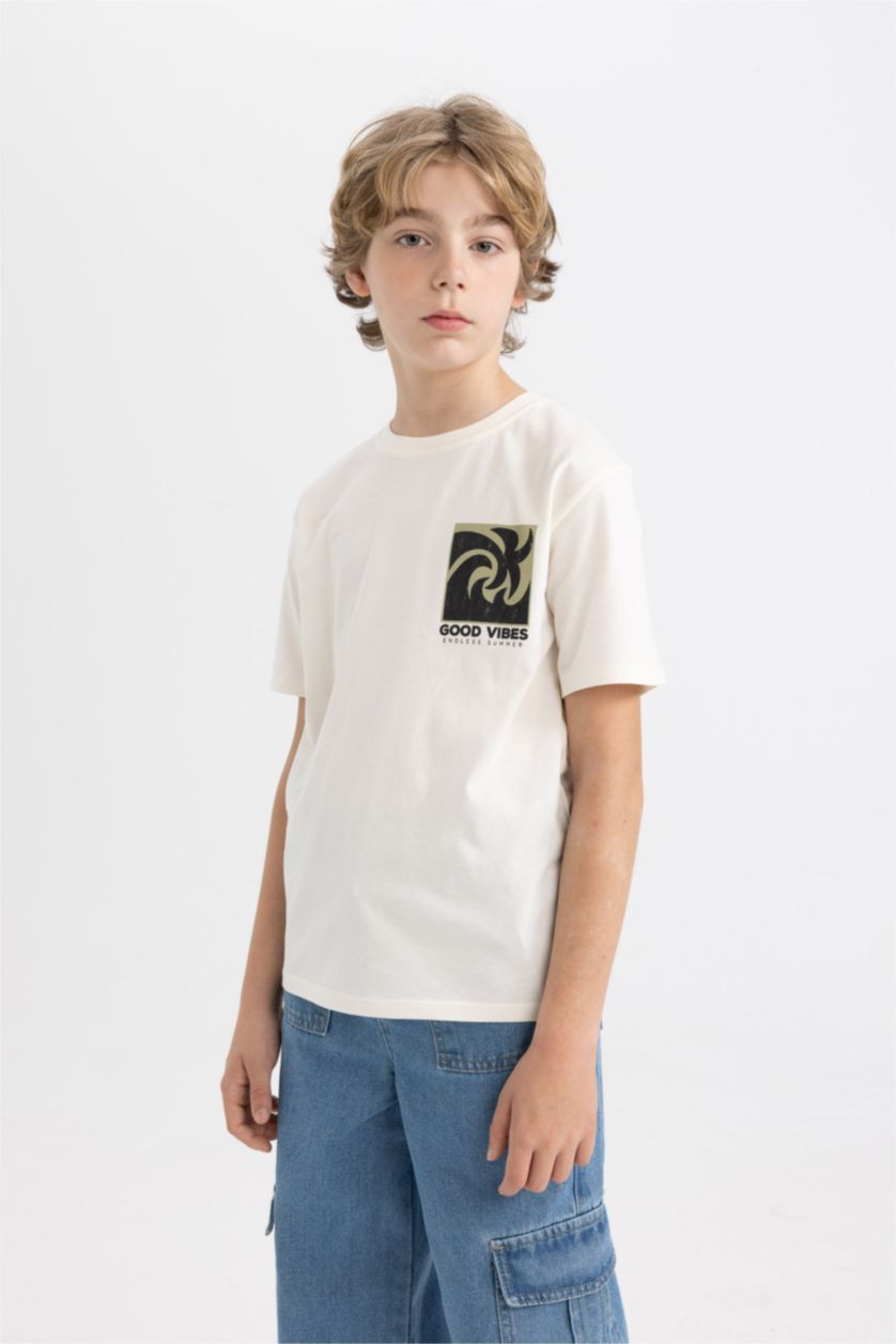 GARÇONS Blanc T-Shirt Imprimé à Manches Courtes Col Rond pour Garçon