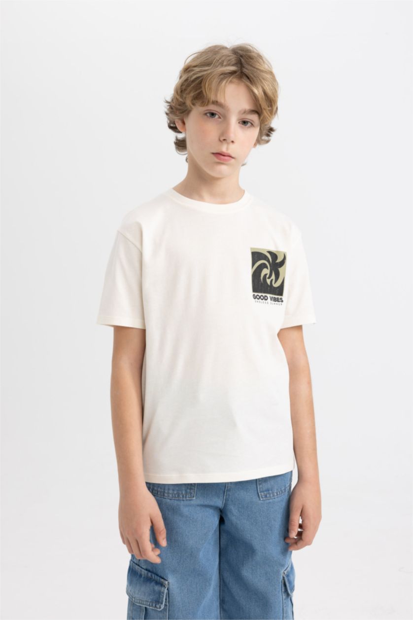 GARÇONS Blanc T-Shirt Imprimé à Manches Courtes Col Rond pour Garçon