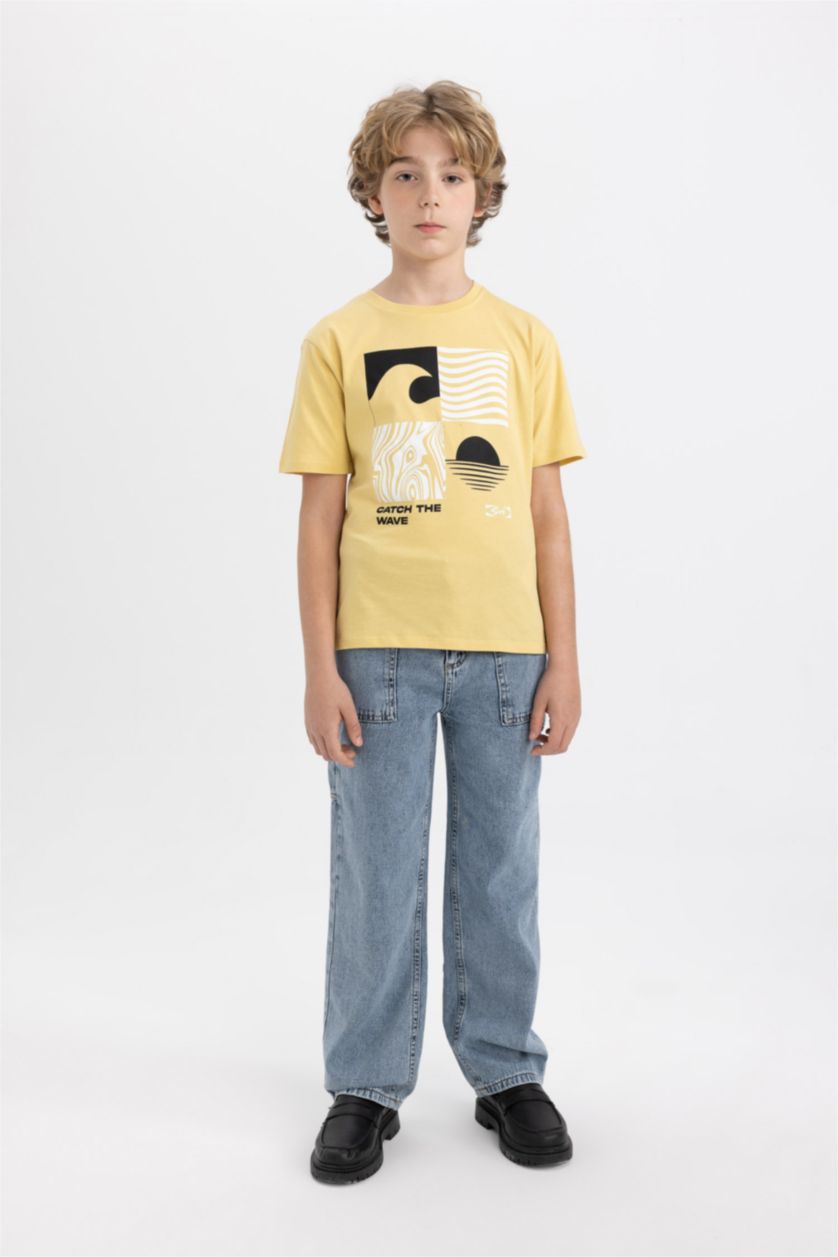 Erkek Çocuk - Genç Erkek Sarı Bisiklet Yaka Baskılı Kısa Kollu Tişört Erkek Çocuk
