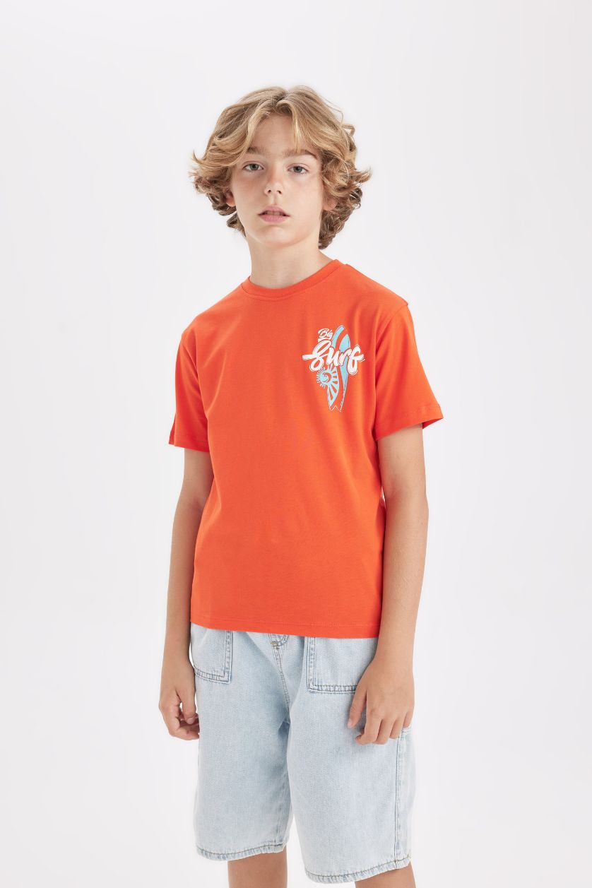 أولاد برتقلي غامق تيشيرت ولادي نص ردن مطبوع قصة عادية