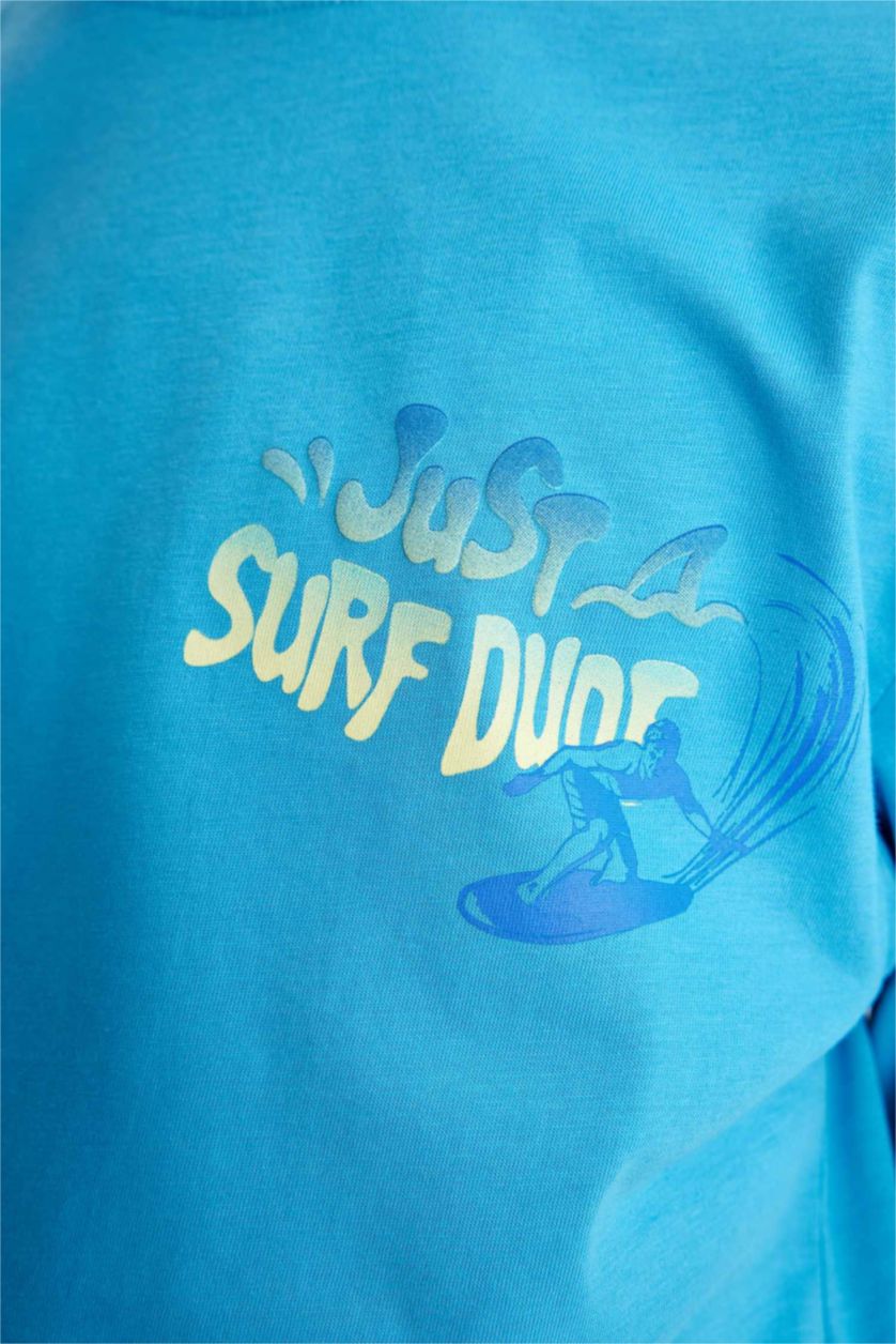 Erkek Çocuk - Genç Erkek Mavi Erkek Çocuk Bisiklet Yaka Baskılı Kısa Kollu Tişört