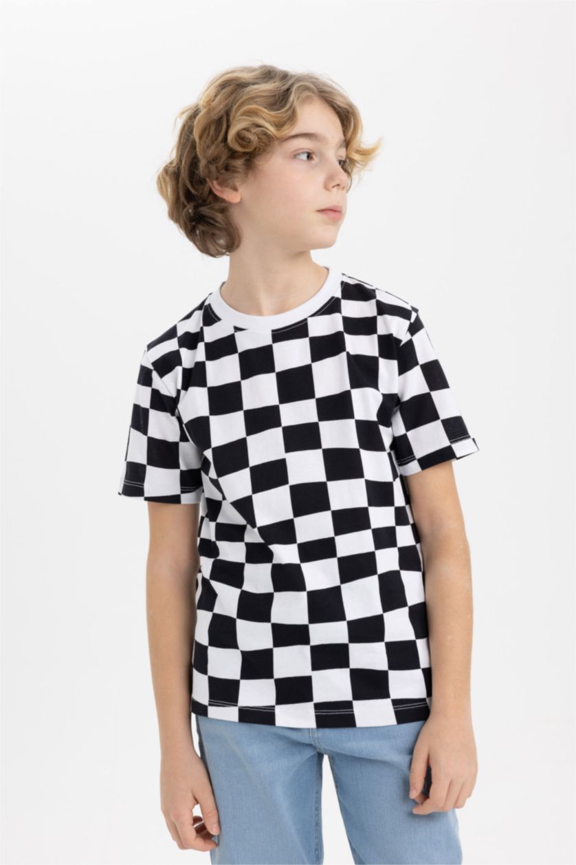 Erkek Çocuk - Genç Erkek Beyaz Erkek Çocuk Bisiklet Yaka Baskılı Kısa Kollu Tişört