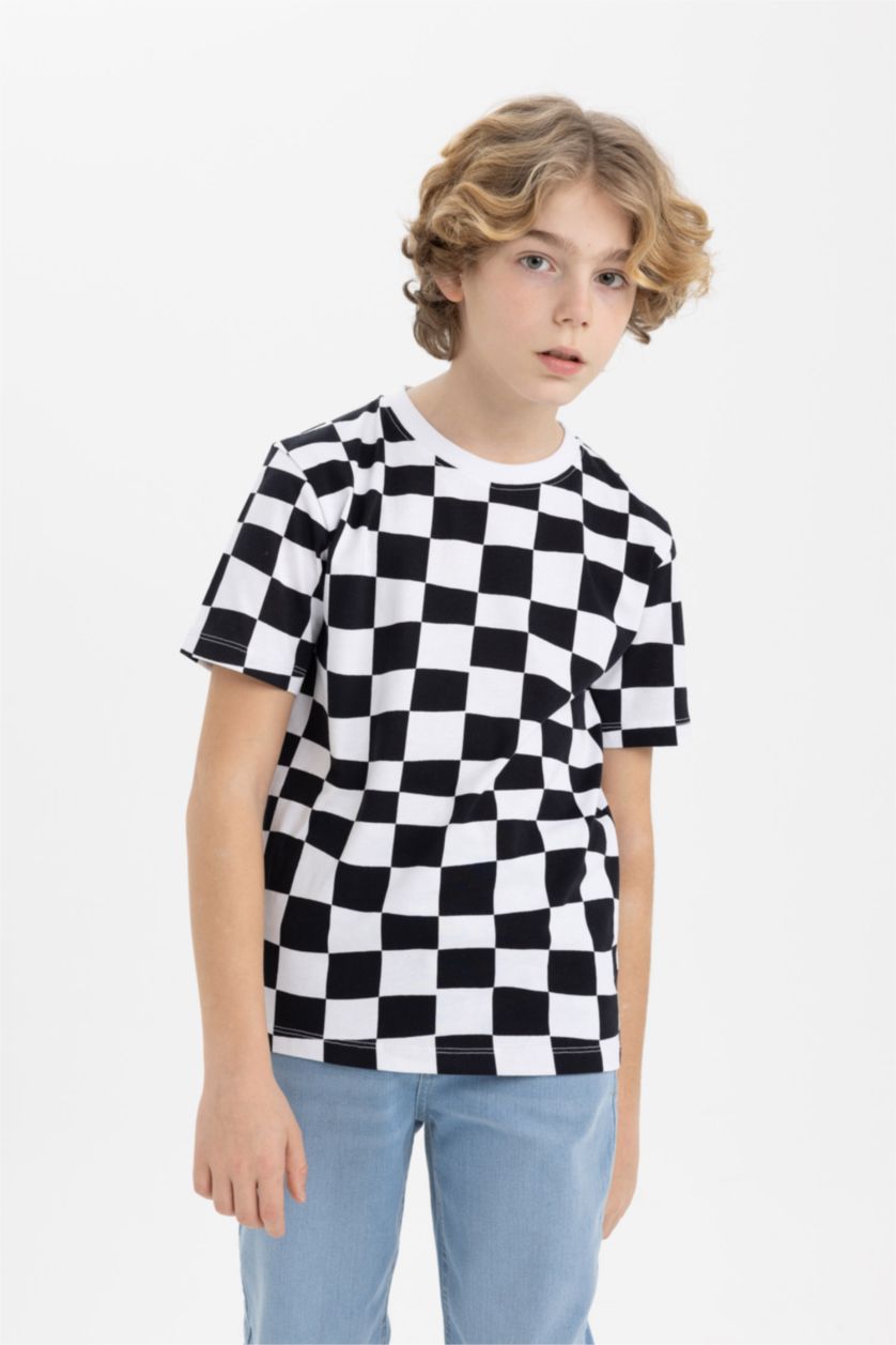 Erkek Çocuk - Genç Erkek Beyaz Erkek Çocuk Bisiklet Yaka Baskılı Kısa Kollu Tişört