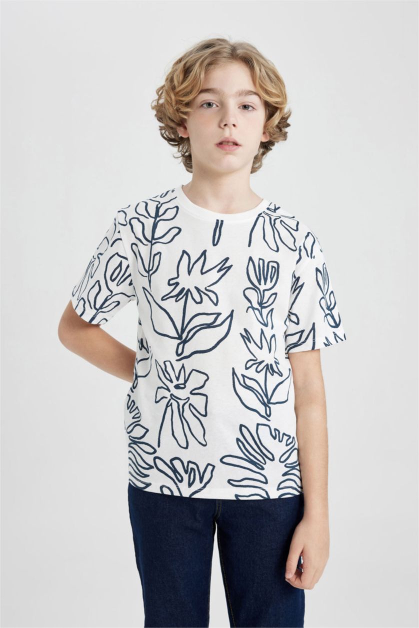 BOYS & TEENS White Boy Crew Neck Printed Short Sleeve T-Shirt