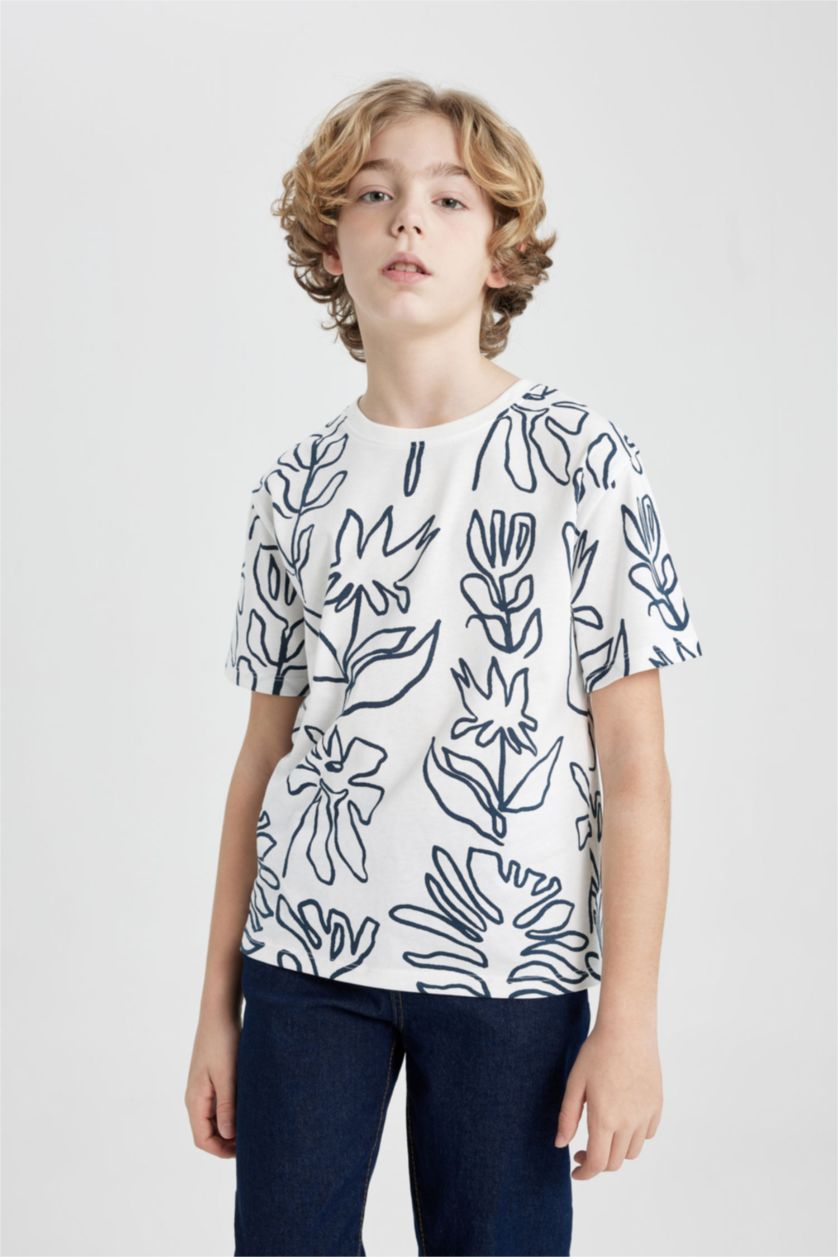 BOYS & TEENS White Boy Crew Neck Printed Short Sleeve T-Shirt