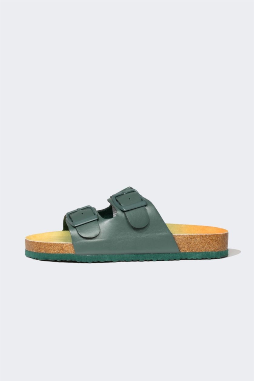 Boys & Teens Khaki Boy Flat Sole Double Banded Faux Leather Slippers