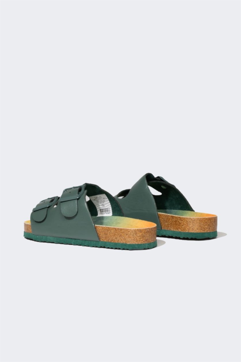 Boys & Teens Khaki Boy Flat Sole Double Banded Faux Leather Slippers