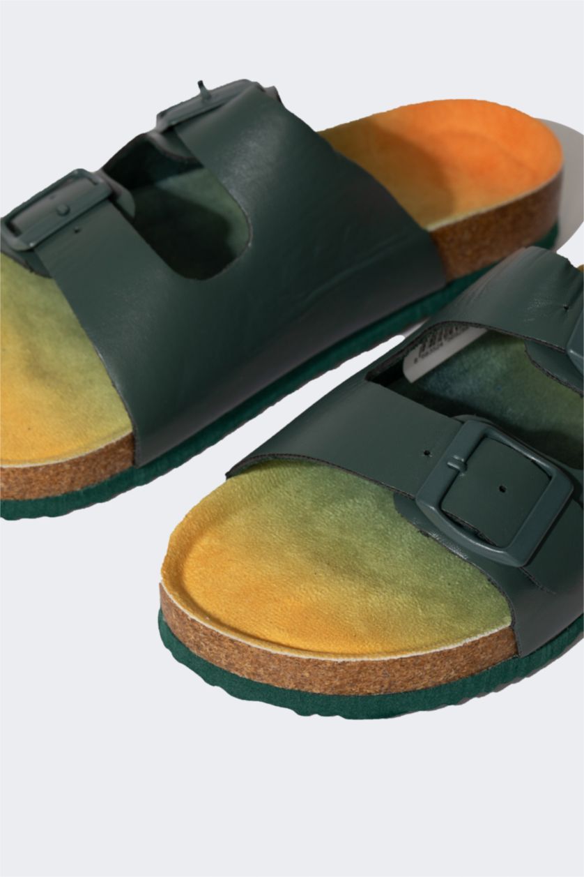 Boys & Teens Khaki Boy Flat Sole Double Banded Faux Leather Slippers