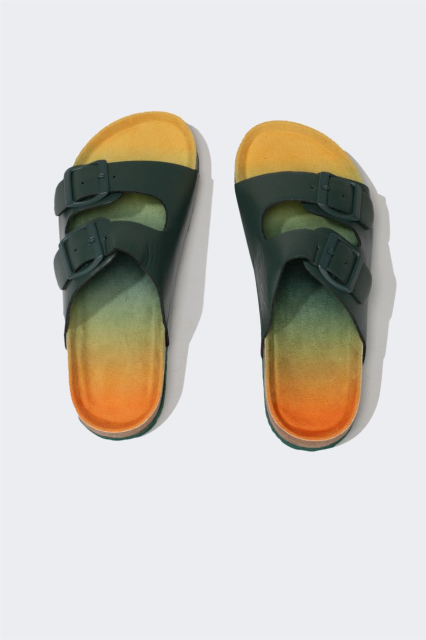 Boys & Teens Khaki Boy Flat Sole Double Banded Faux Leather Slippers