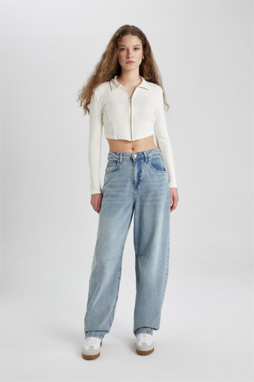 Kadın Mavi Baggy Normal Bel Geniş Kalıp Geniş Paça Uzun Jean Pantolon