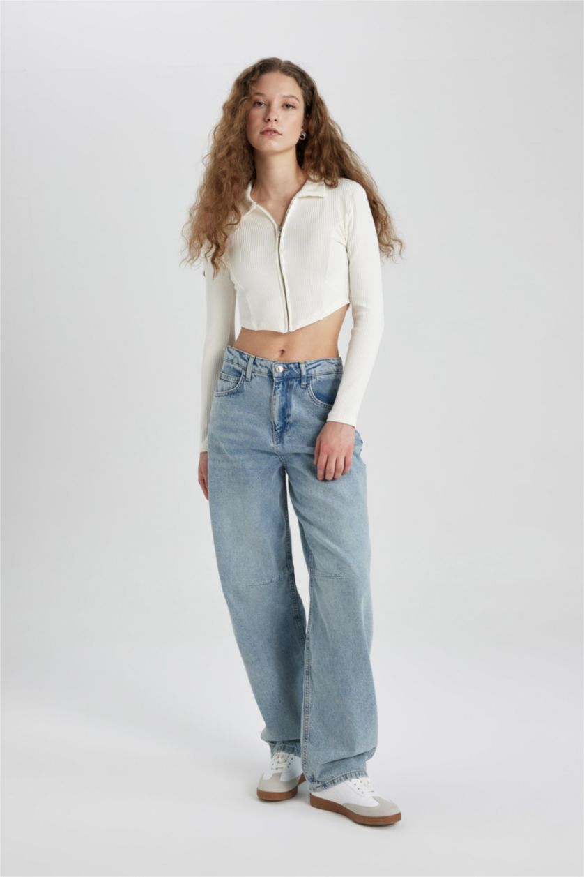 Kadın Mavi Baggy Normal Bel Geniş Kalıp Geniş Paça Uzun Jean Pantolon