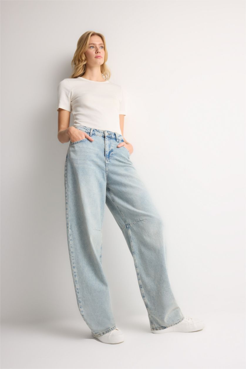 Kadın Mavi Baggy Normal Bel Geniş Kalıp Geniş Paça Uzun Jean Pantolon