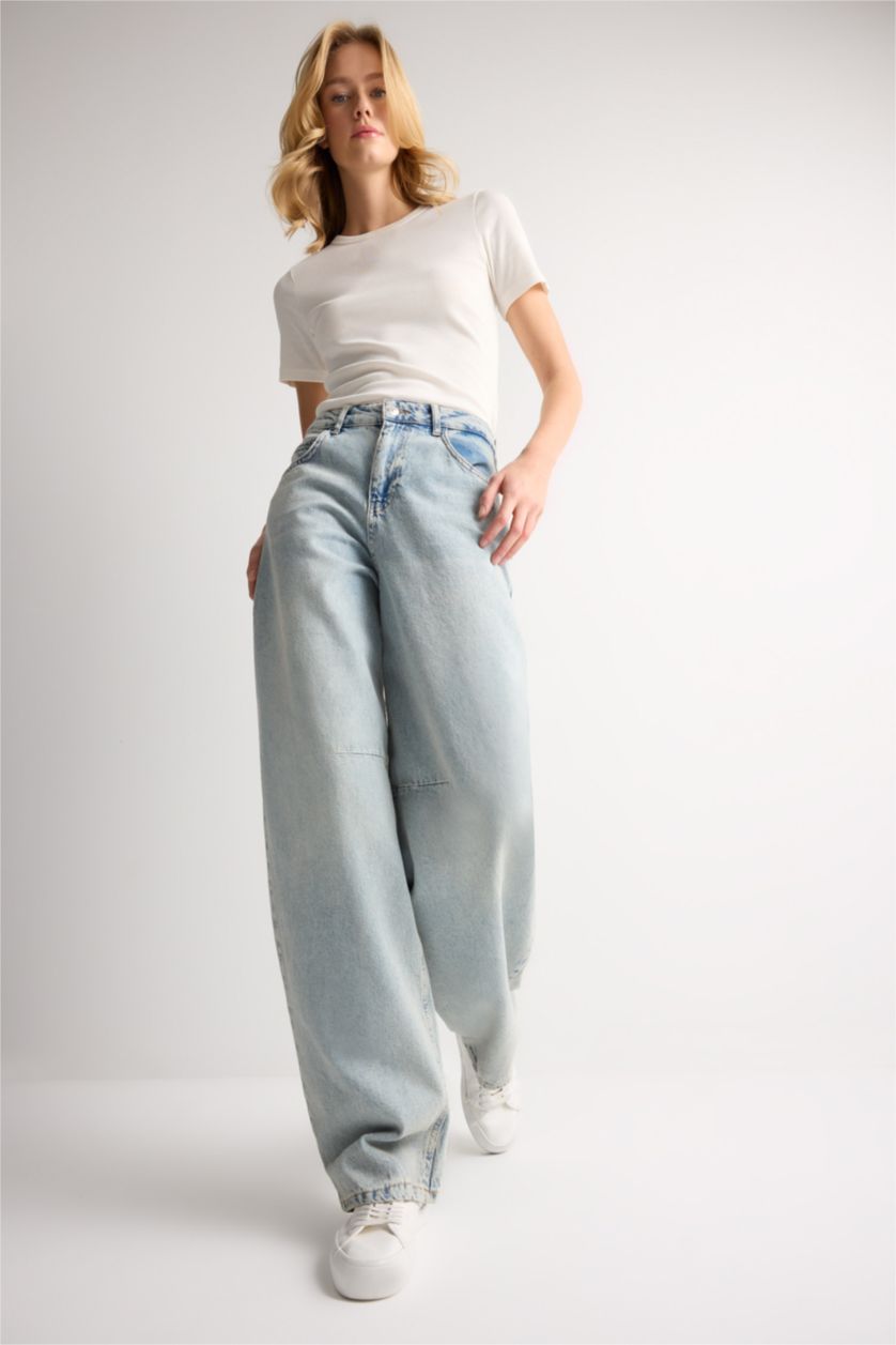 Kadın Mavi Baggy Normal Bel Geniş Kalıp Geniş Paça Uzun Jean Pantolon