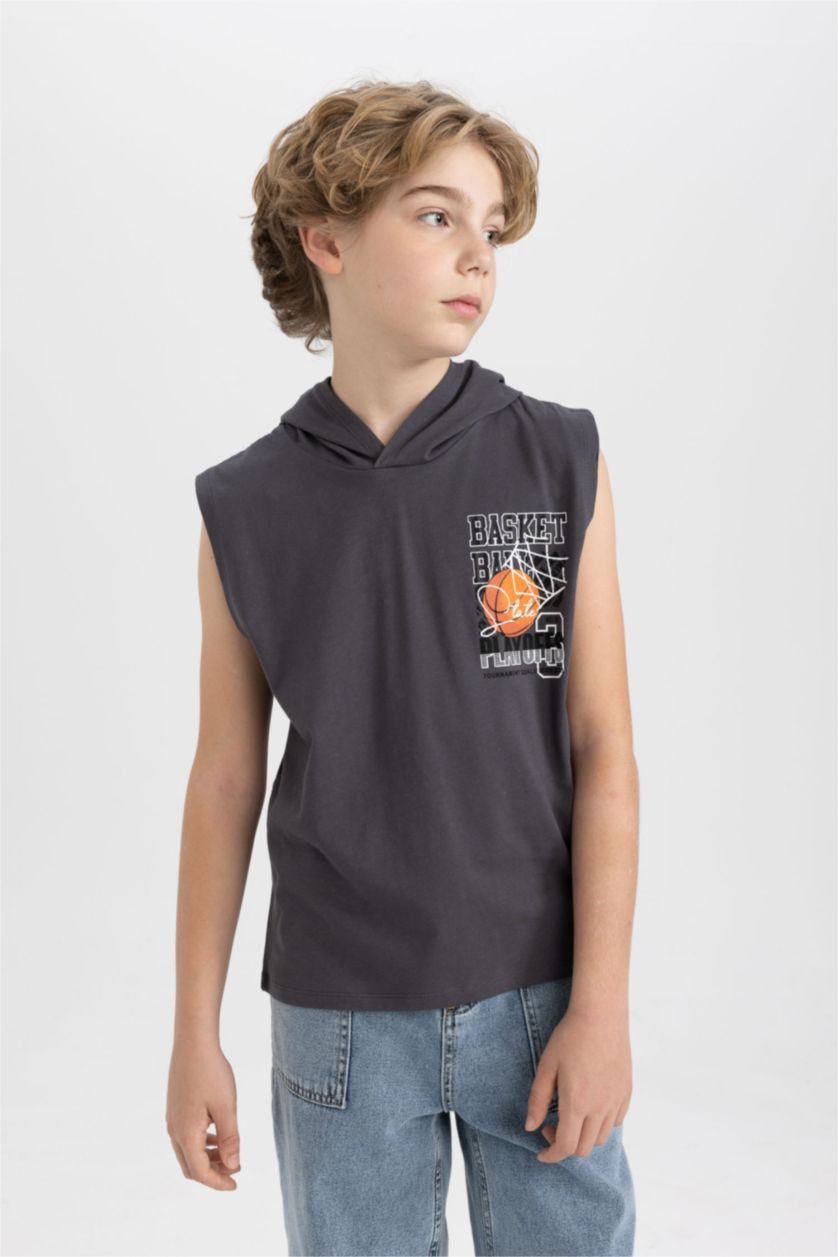 Boys & Teens Anthracite Boy Printed Hooded Sleeveless T-Shirt
