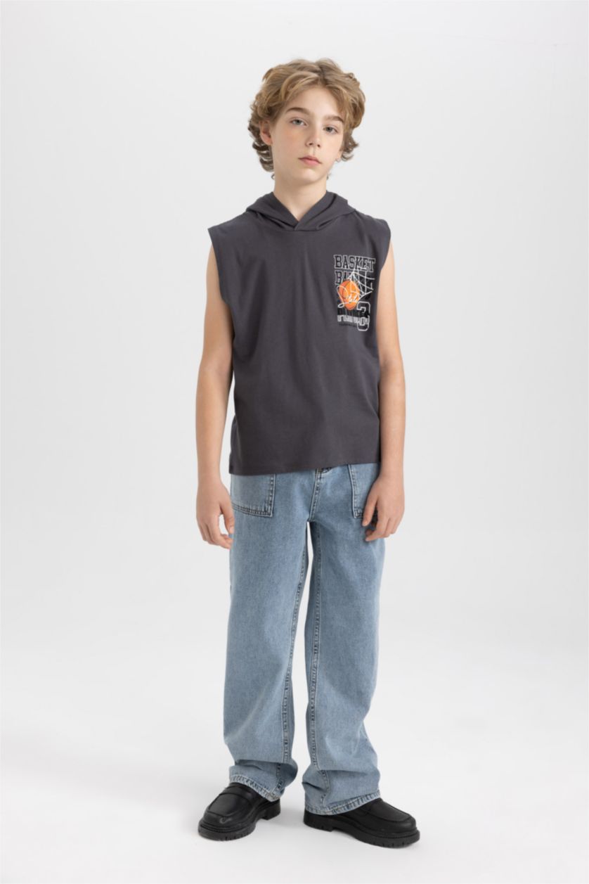 Boys & Teens Anthracite Boy Printed Hooded Sleeveless T-Shirt