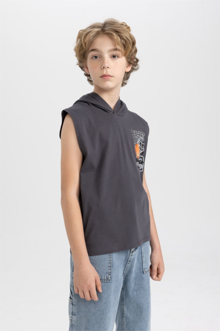 Boys & Teens Anthracite Boy Printed Hooded Sleeveless T-Shirt