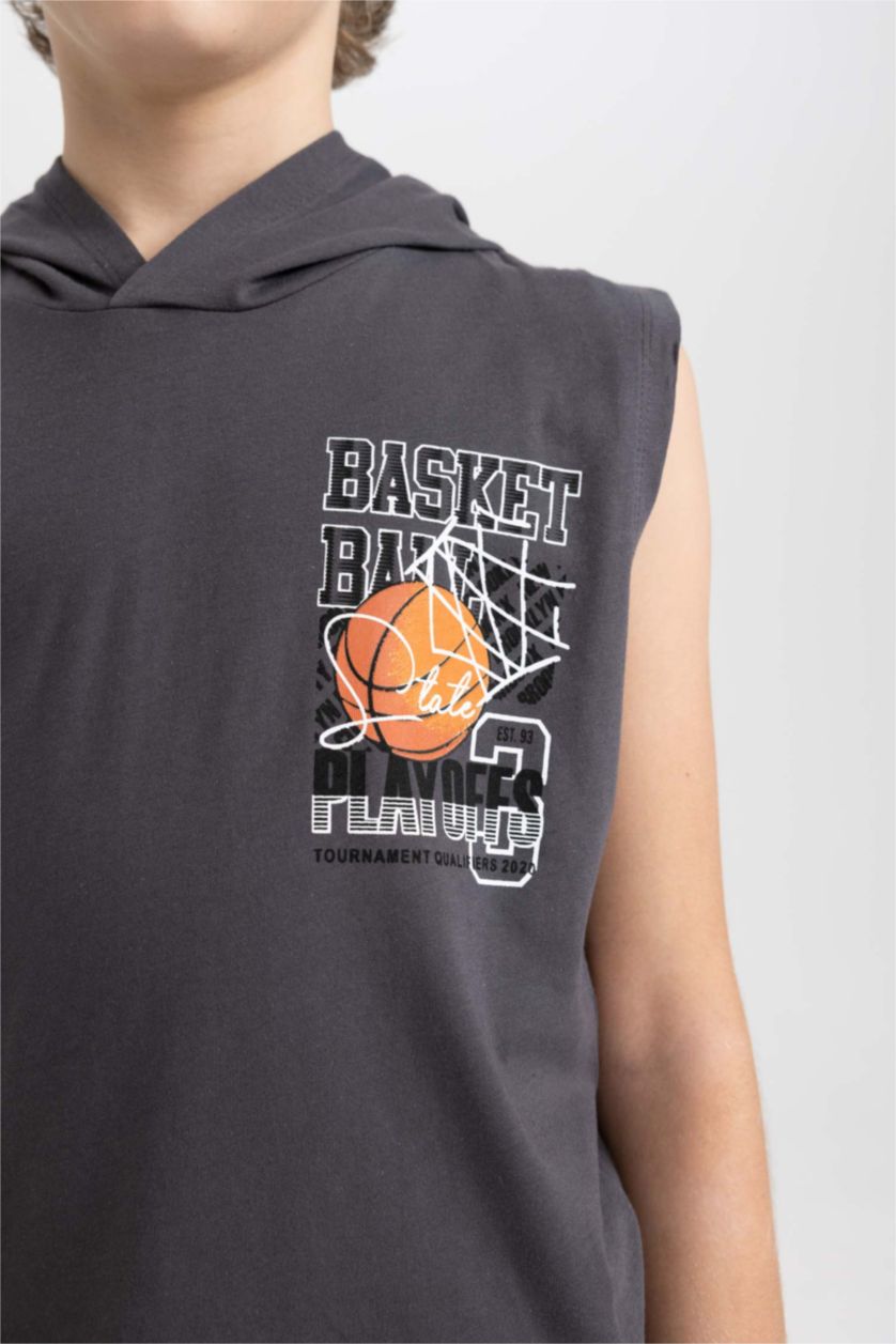 Boys & Teens Anthracite Boy Printed Hooded Sleeveless T-Shirt