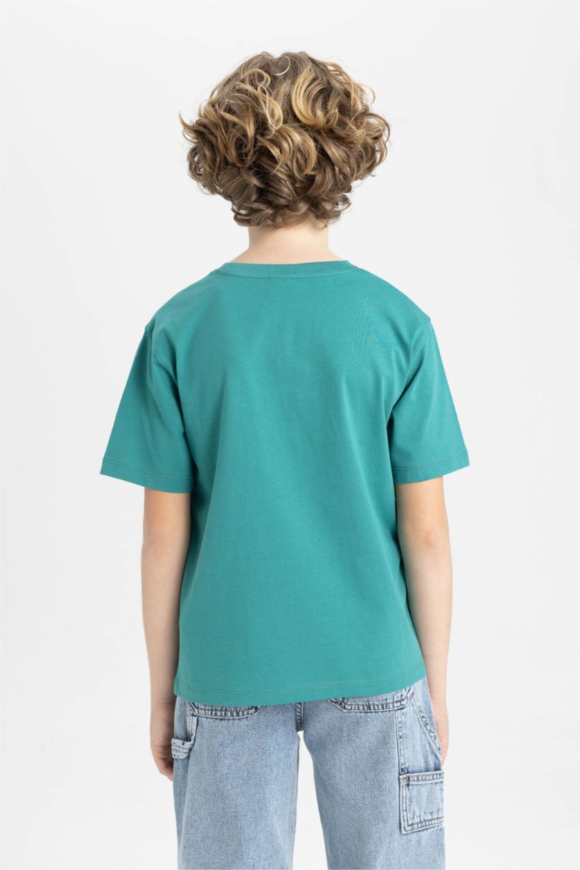 Erkek Çocuk - Genç Erkek Yeşil Bisiklet Yaka Baskılı Kısa Kollu Tişört Erkek Çocuk