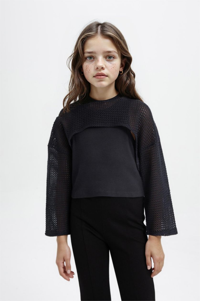 Girls & Teens Black Girl Relax Fit Crew Neck Rib Long Sleeve T-Shirt