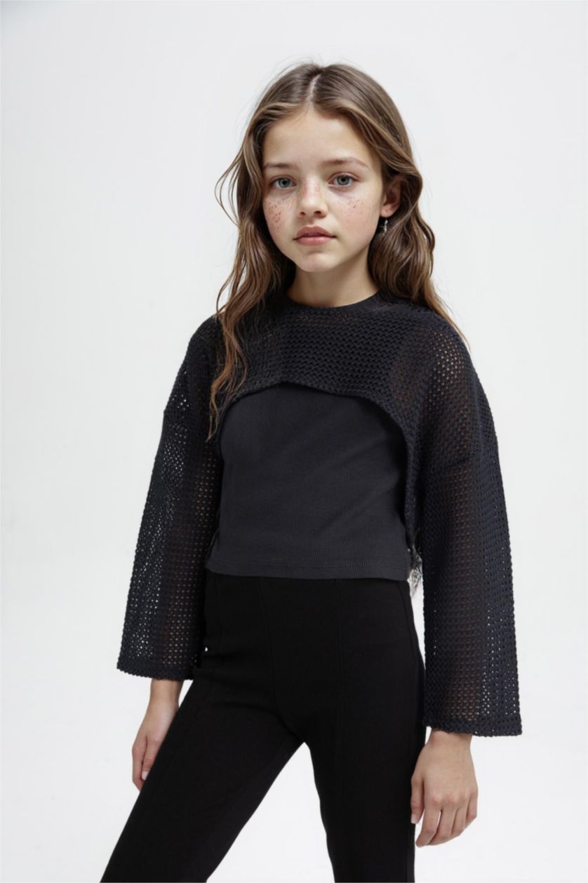 Girls & Teens Black Girl Relax Fit Crew Neck Rib Long Sleeve T-Shirt