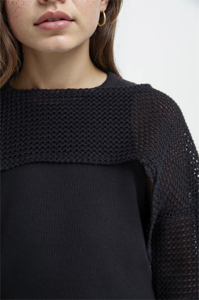 Girls & Teens Black Girl Relax Fit Crew Neck Rib Long Sleeve T-Shirt