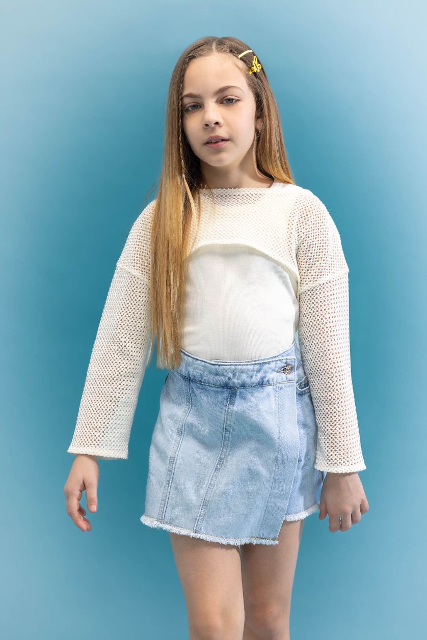 Kız Çocuk - Genç Kız Ekru Relax Fit Bisiklet Yaka Ribana Uzun Kollu Tişört Kız Çocuk