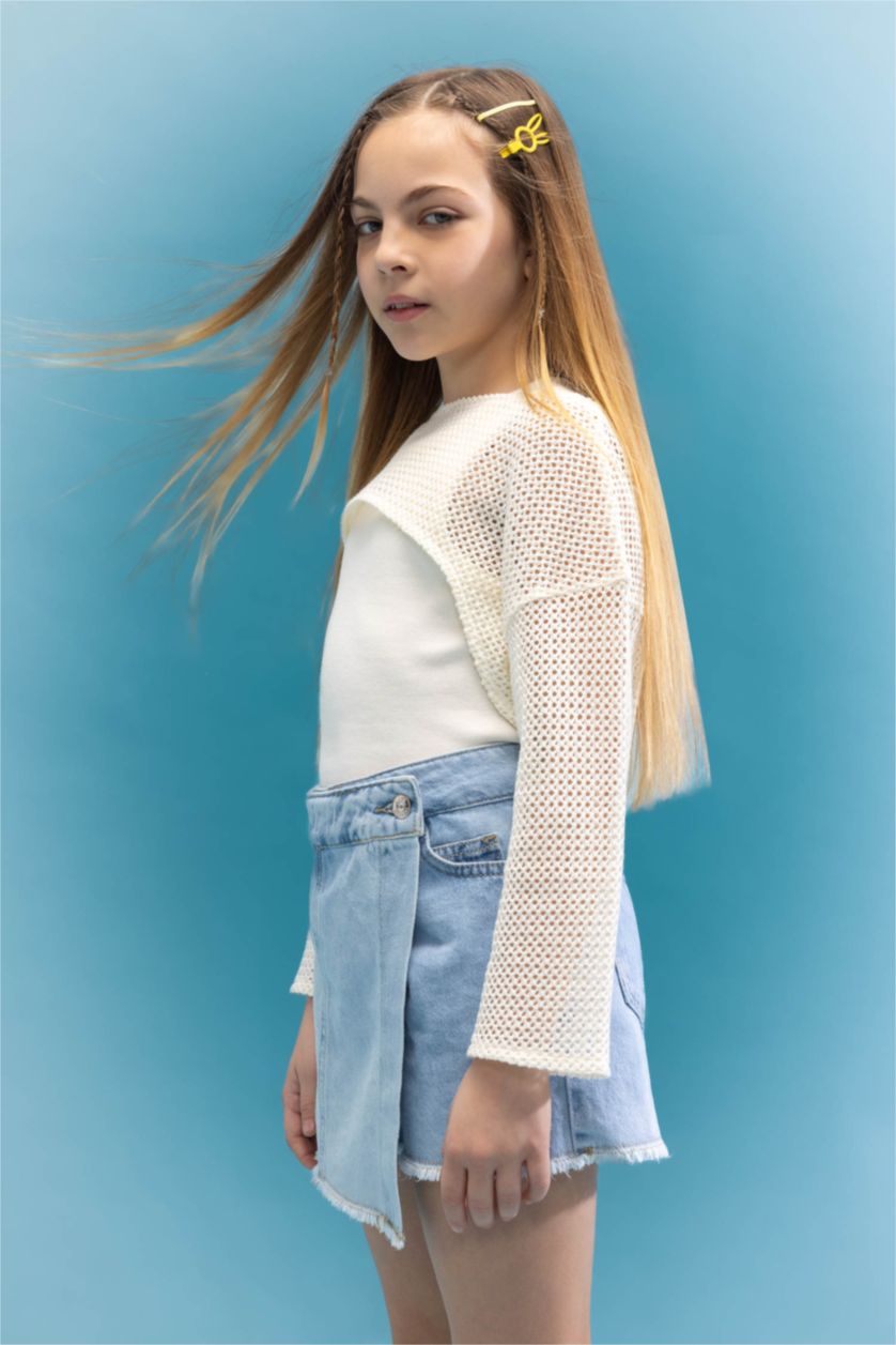 Kız Çocuk - Genç Kız Ekru Relax Fit Bisiklet Yaka Ribana Uzun Kollu Tişört Kız Çocuk