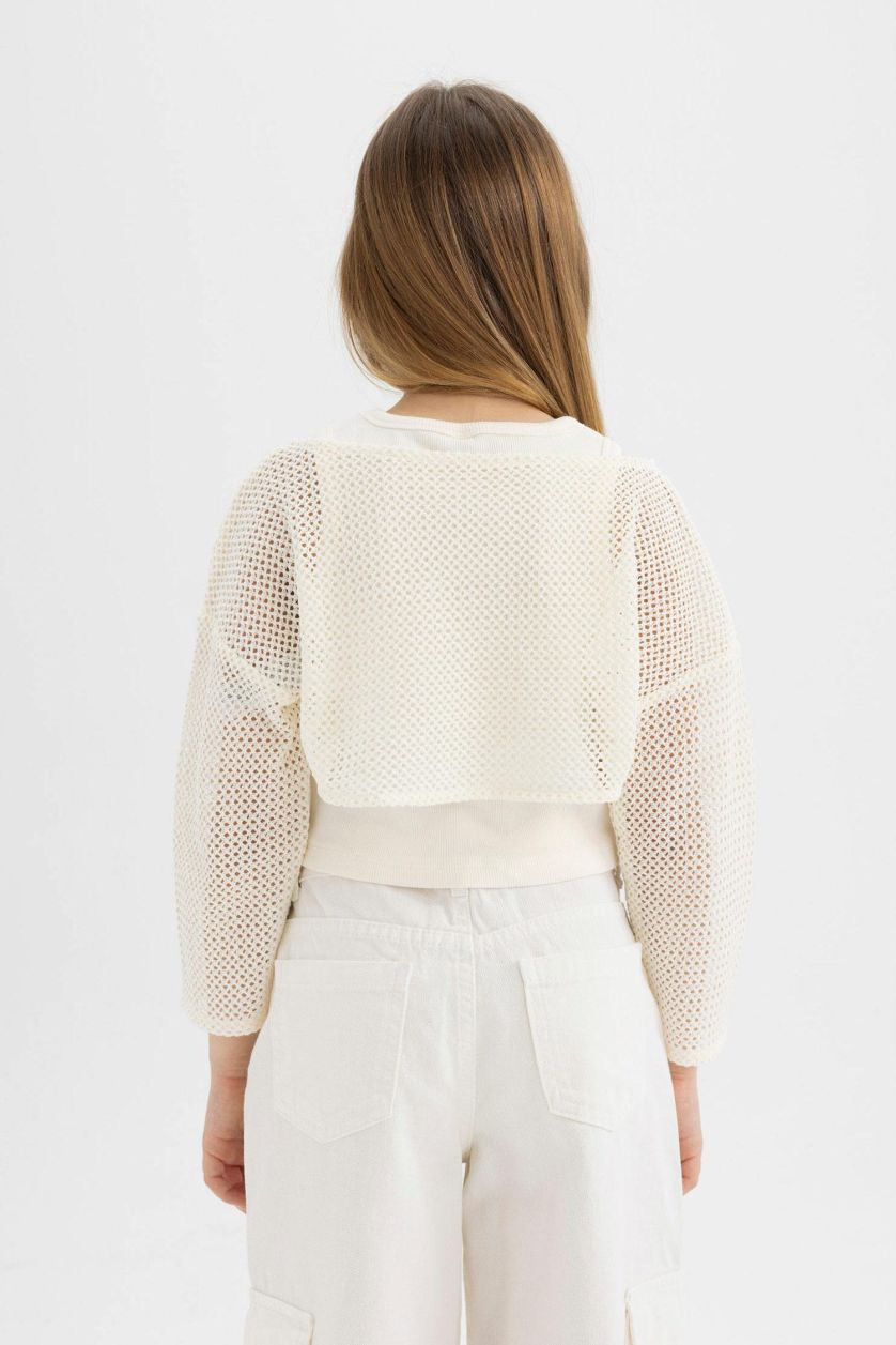 Kız Çocuk - Genç Kız Ekru Relax Fit Bisiklet Yaka Ribana Uzun Kollu Tişört Kız Çocuk