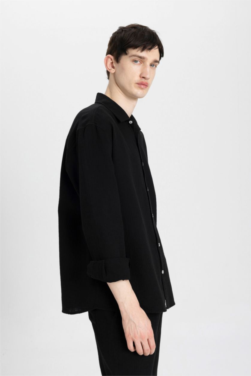 MAN Black Relax Fit Polo Collar Cotton Long Sleeve Shirt