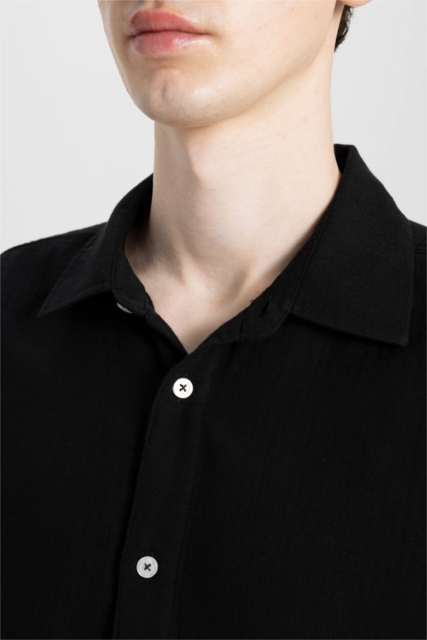 MAN Black Relax Fit Polo Collar Cotton Long Sleeve Shirt