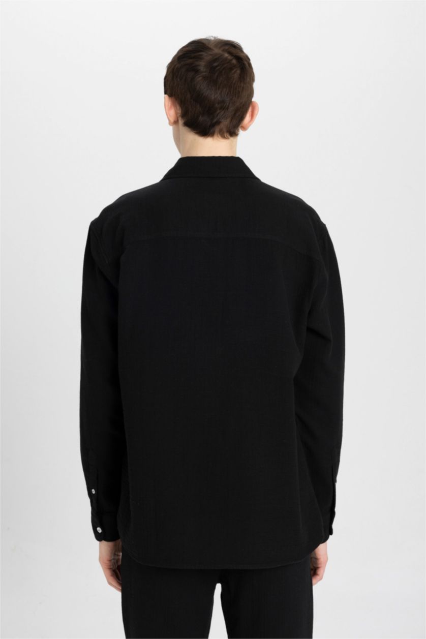 MAN Black Relax Fit Polo Collar Cotton Long Sleeve Shirt