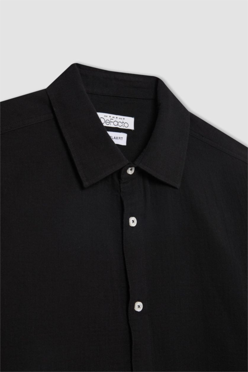 MAN Black Relax Fit Polo Collar Cotton Long Sleeve Shirt